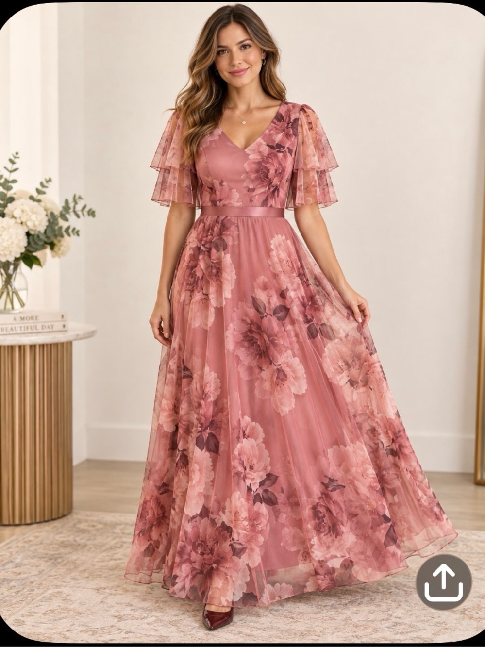 Wedding guests dress soft rose pink with burgundy flowers